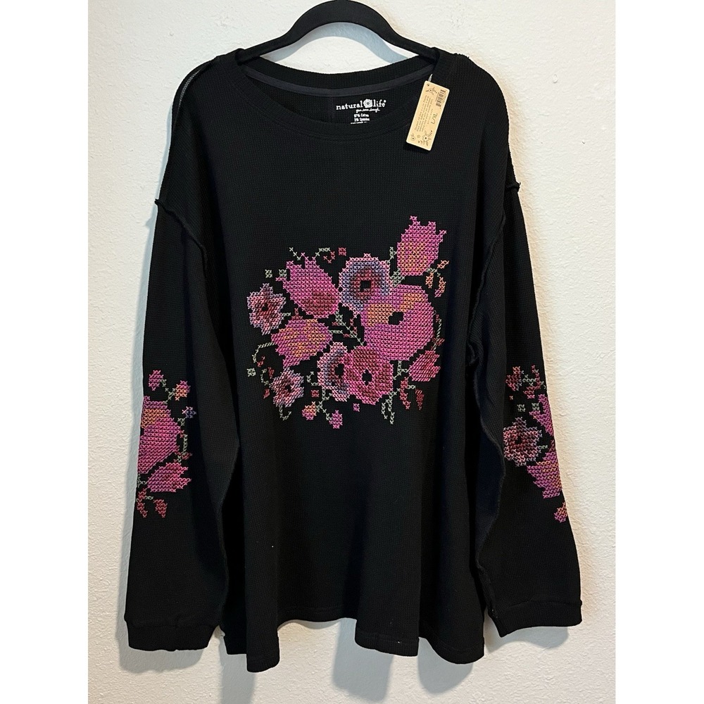NWT Natural Life Thermal Top Size L/XL Aida Embroidered Floral Cottagecore Boho
